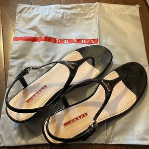 Prada black patent leather wedge sandals